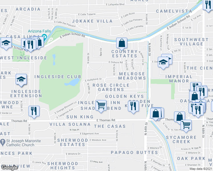 map of restaurants, bars, coffee shops, grocery stores, and more near 6129 East Hollyhock Drive in Phoenix