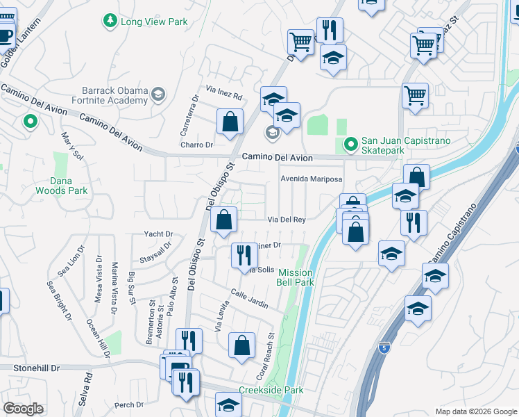 map of restaurants, bars, coffee shops, grocery stores, and more near 32956 Paseo Del Lucero in San Juan Capistrano
