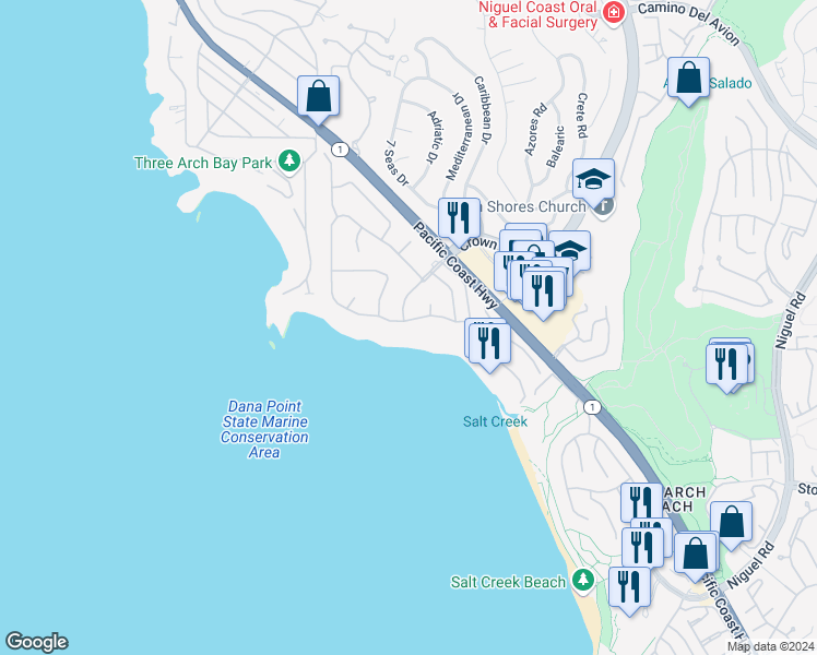 map of restaurants, bars, coffee shops, grocery stores, and more near 57 Monarch Bay Drive in Dana Point