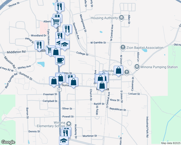 map of restaurants, bars, coffee shops, grocery stores, and more near 306 Jones Street in Winona