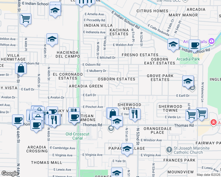 map of restaurants, bars, coffee shops, grocery stores, and more near 3121 North 50th Street in Phoenix