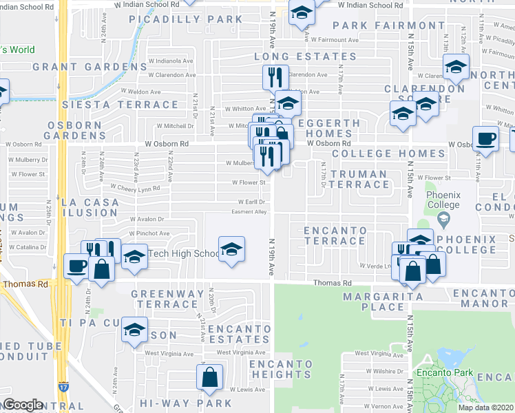 map of restaurants, bars, coffee shops, grocery stores, and more near 1919 West Earll Drive in Phoenix