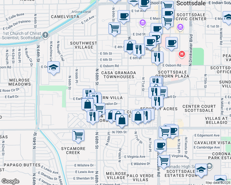 map of restaurants, bars, coffee shops, grocery stores, and more near 6932 East Earll Drive in Scottsdale