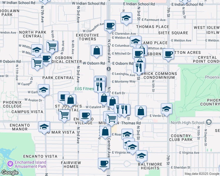map of restaurants, bars, coffee shops, grocery stores, and more near 3107 North Central Avenue in Phoenix