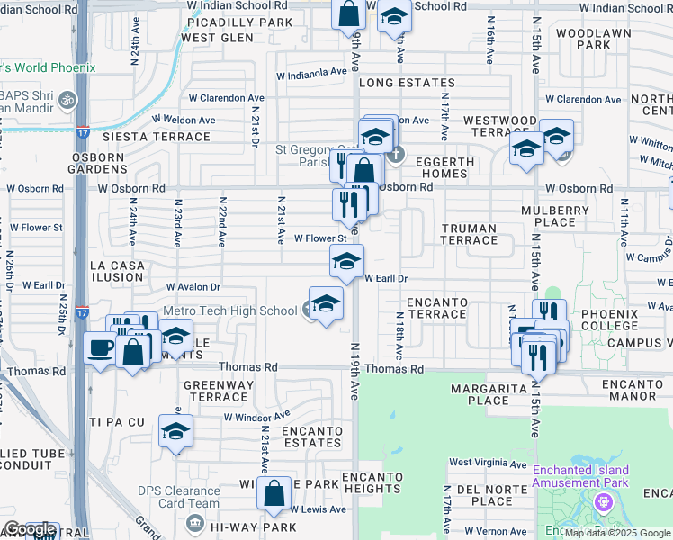 map of restaurants, bars, coffee shops, grocery stores, and more near 1919 West Earll Drive in Phoenix
