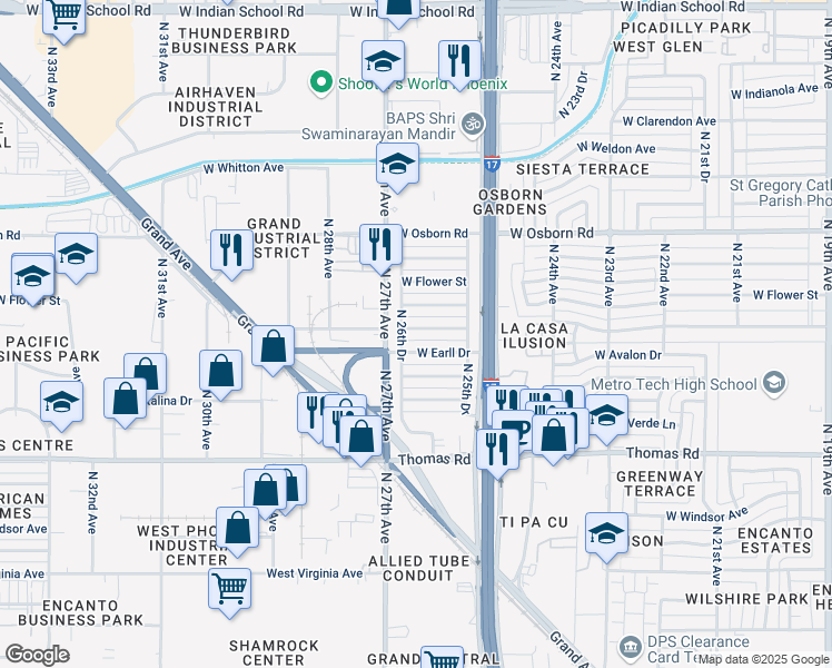 map of restaurants, bars, coffee shops, grocery stores, and more near 2617 West Cheery Lynn Road in Phoenix