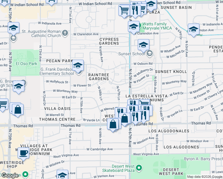 map of restaurants, bars, coffee shops, grocery stores, and more near 3120 North 67th Lane in Phoenix