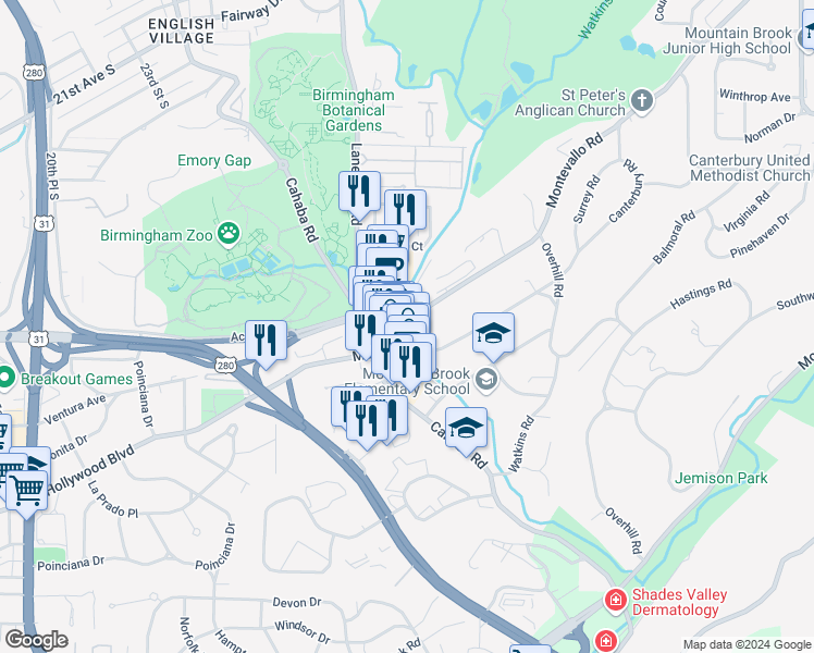 map of restaurants, bars, coffee shops, grocery stores, and more near 2505 Montevallo Road in Birmingham