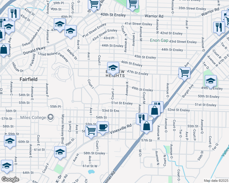 map of restaurants, bars, coffee shops, grocery stores, and more near 1052 50th Street Ensley in Birmingham