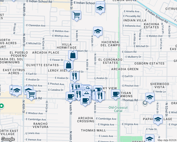 map of restaurants, bars, coffee shops, grocery stores, and more near 3101 North 45th Street in Phoenix