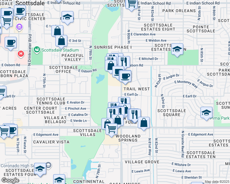 map of restaurants, bars, coffee shops, grocery stores, and more near 3266 North Hayden Road in Scottsdale