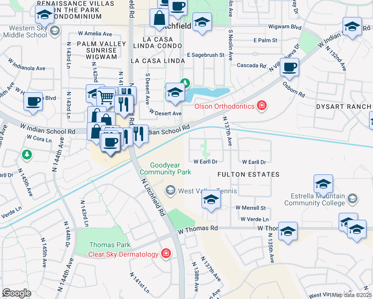 map of restaurants, bars, coffee shops, grocery stores, and more near 3222 North 138th Drive in Avondale