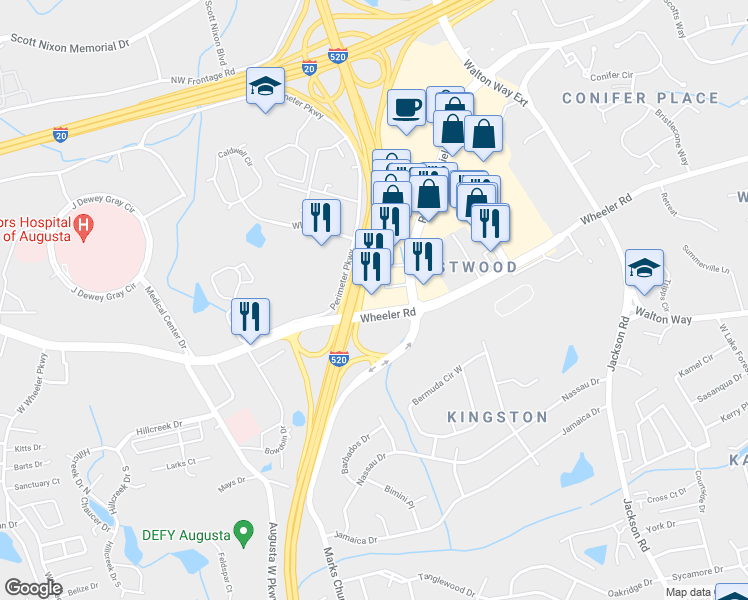 map of restaurants, bars, coffee shops, grocery stores, and more near 277 Robert C Daniel Jr Pkwy in Augusta