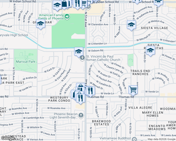 map of restaurants, bars, coffee shops, grocery stores, and more near 3108 North 50th Drive in Phoenix