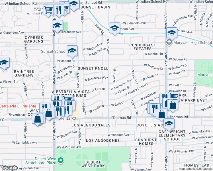map of restaurants, bars, coffee shops, grocery stores, and more near 3110 North 63rd Avenue in Phoenix