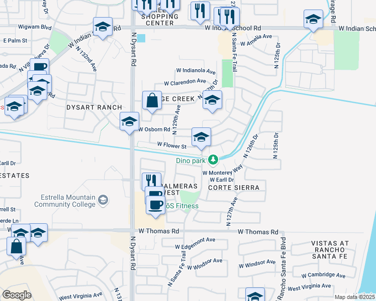 map of restaurants, bars, coffee shops, grocery stores, and more near 12821 West Flower Street in Avondale