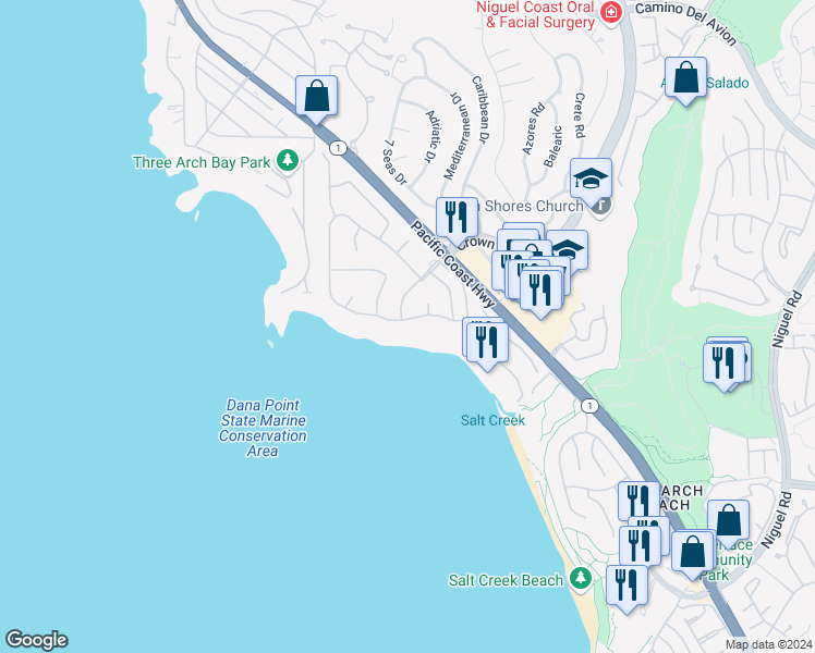 map of restaurants, bars, coffee shops, grocery stores, and more near 57 Monarch Bay Drive in Dana Point