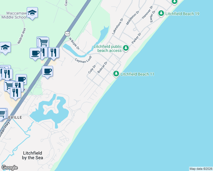 map of restaurants, bars, coffee shops, grocery stores, and more near 198 Parker Drive in Pawleys Island