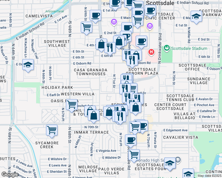 map of restaurants, bars, coffee shops, grocery stores, and more near 7046 East Earll Drive in Scottsdale
