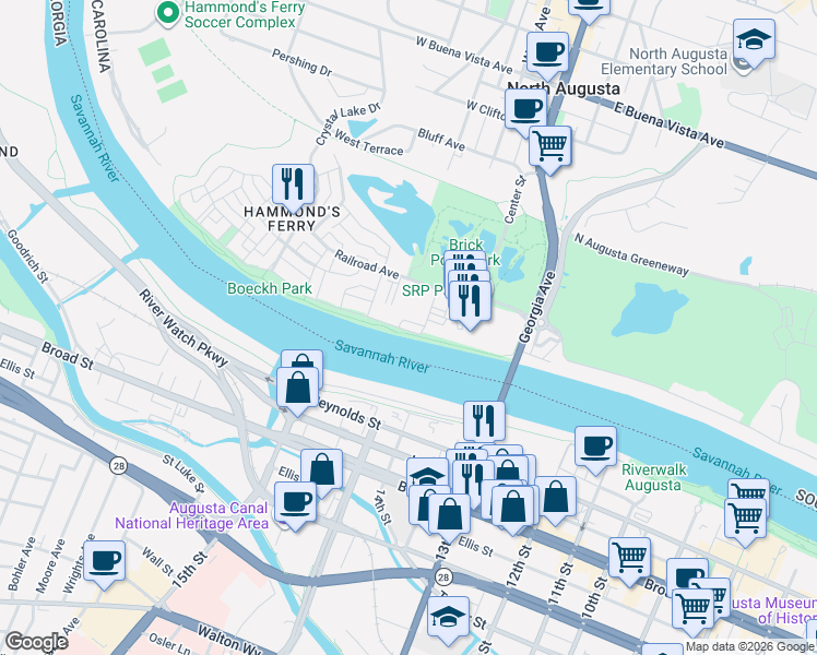 map of restaurants, bars, coffee shops, grocery stores, and more near North Augusta Greeneway in North Augusta