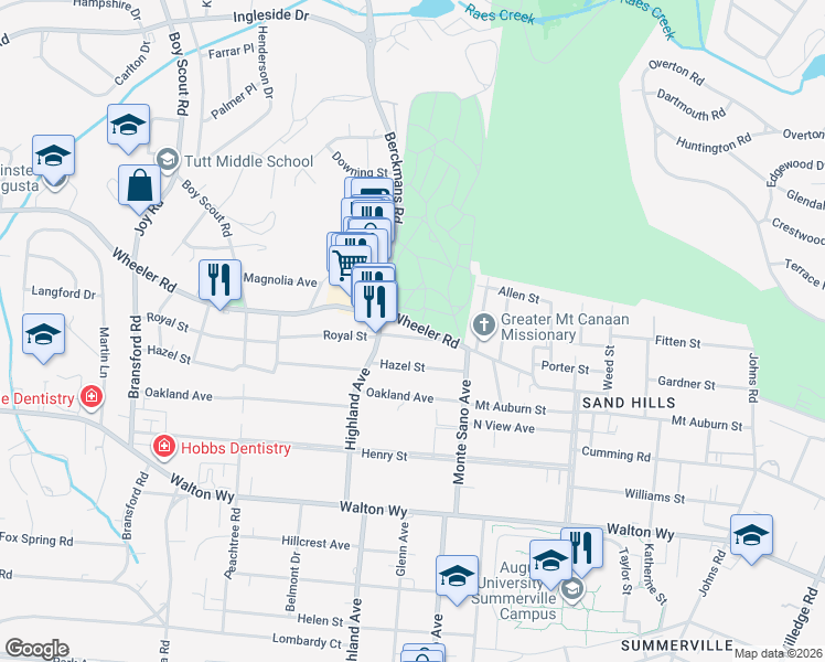 map of restaurants, bars, coffee shops, grocery stores, and more near 2639 Royal Street in Augusta