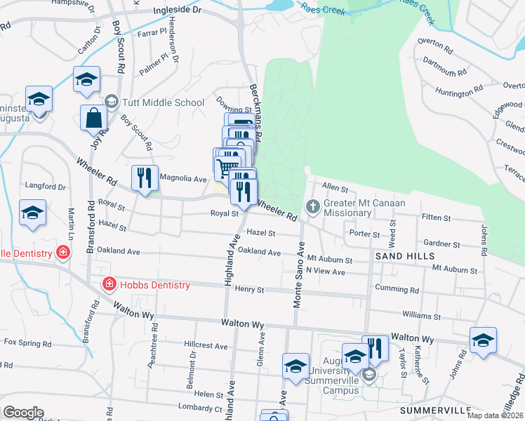 map of restaurants, bars, coffee shops, grocery stores, and more near 2639 Royal Street in Augusta