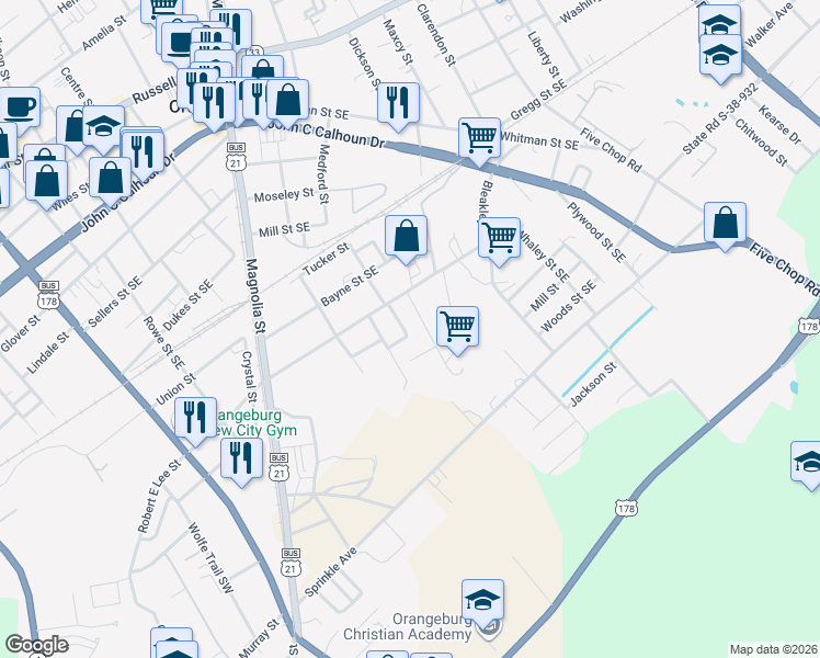 map of restaurants, bars, coffee shops, grocery stores, and more near 976 Hammock Street in Orangeburg
