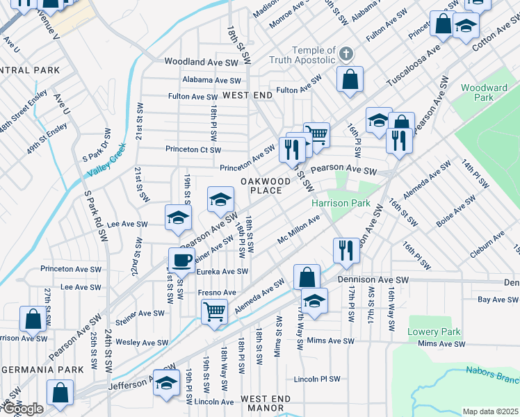 map of restaurants, bars, coffee shops, grocery stores, and more near 1773 Pearson Ave SW in Birmingham
