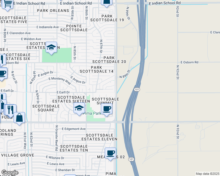 map of restaurants, bars, coffee shops, grocery stores, and more near 8744 East Cheery Lynn Road in Scottsdale
