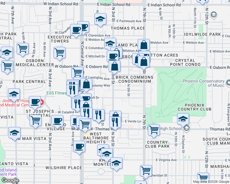 map of restaurants, bars, coffee shops, grocery stores, and more near 3111 North 3rd Street in Phoenix