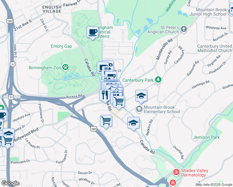 map of restaurants, bars, coffee shops, grocery stores, and more near 2505 Montevallo Road in Birmingham