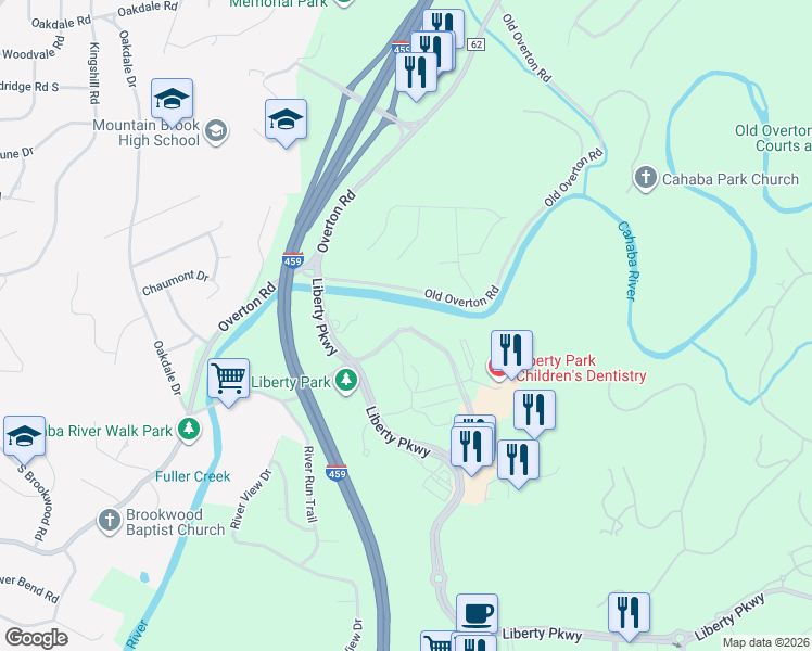 map of restaurants, bars, coffee shops, grocery stores, and more near 1400 Urban Center Drive in Vestavia Hills