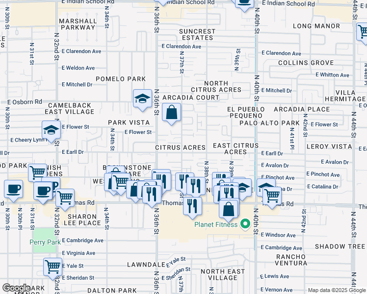 map of restaurants, bars, coffee shops, grocery stores, and more near 3705 East Cheery Lynn Road in Phoenix