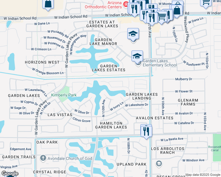 map of restaurants, bars, coffee shops, grocery stores, and more near 10935 West Laurelwood Lane in Avondale