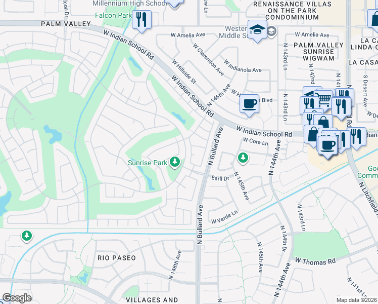 map of restaurants, bars, coffee shops, grocery stores, and more near 3257 North 147th Lane in Goodyear