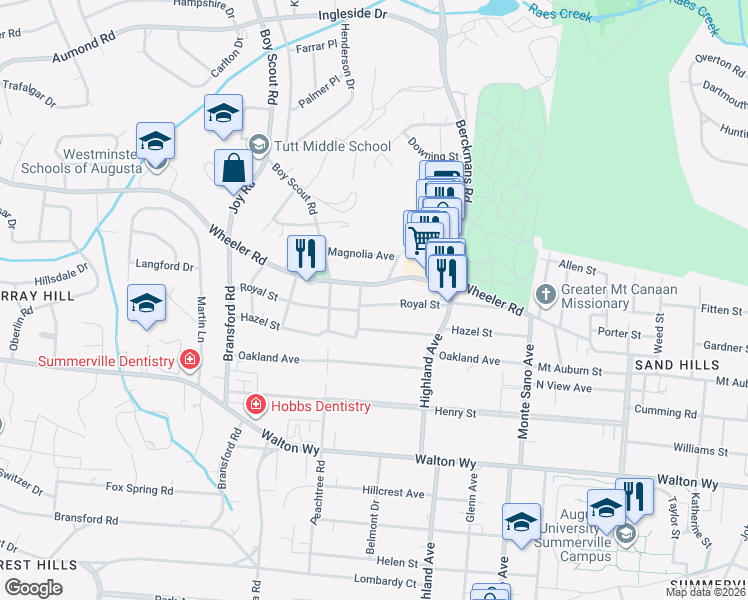 map of restaurants, bars, coffee shops, grocery stores, and more near 2739 Royal Street in Augusta