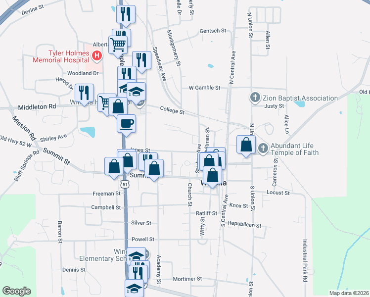 map of restaurants, bars, coffee shops, grocery stores, and more near 306 Jones Street in Winona