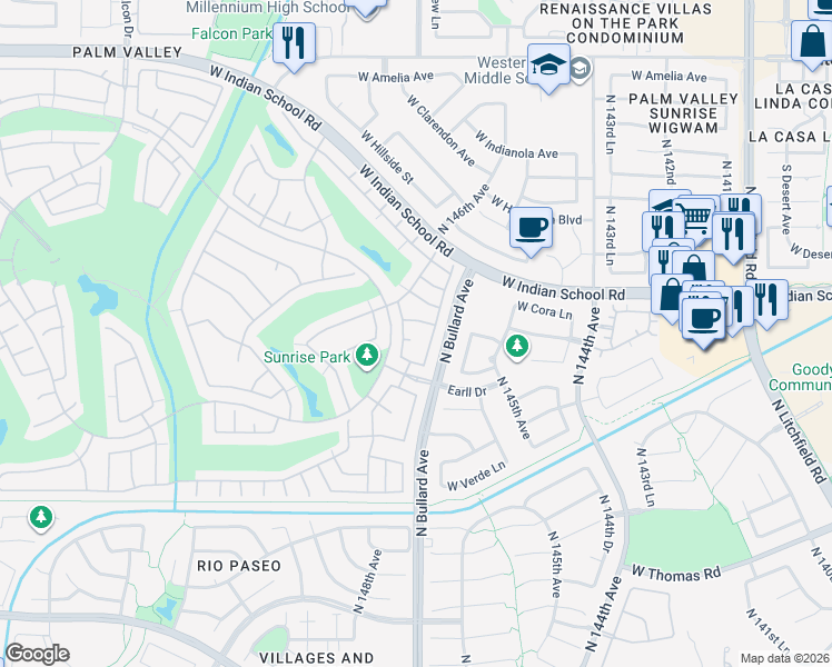 map of restaurants, bars, coffee shops, grocery stores, and more near 3257 North 147th Lane in Goodyear