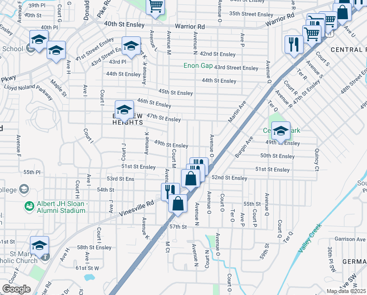map of restaurants, bars, coffee shops, grocery stores, and more near 4900 Terrace M in Birmingham