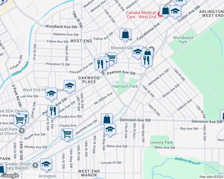 map of restaurants, bars, coffee shops, grocery stores, and more near 1700 Mcmillon Avenue Southwest in Birmingham