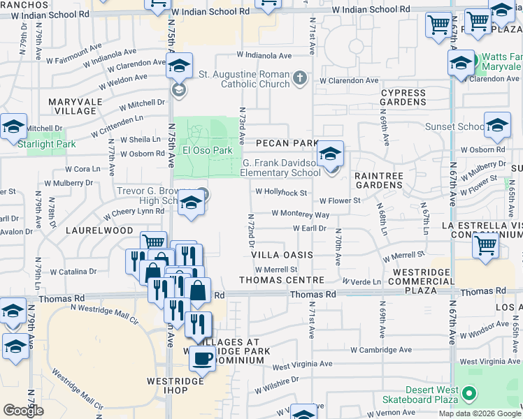 map of restaurants, bars, coffee shops, grocery stores, and more near 7212 West Monterey Way in Phoenix