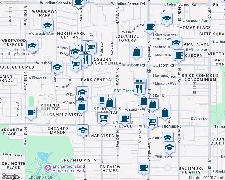 map of restaurants, bars, coffee shops, grocery stores, and more near 302 West Earll Drive in Phoenix