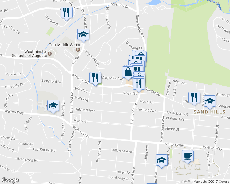 map of restaurants, bars, coffee shops, grocery stores, and more near 2739 Royal St in Augusta
