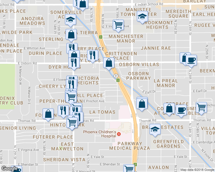 map of restaurants, bars, coffee shops, grocery stores, and more near 1827 East Cheery Lynn Road in Phoenix