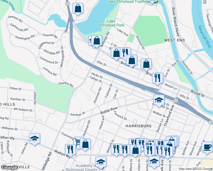 map of restaurants, bars, coffee shops, grocery stores, and more near 2126 Telfair Street in Augusta
