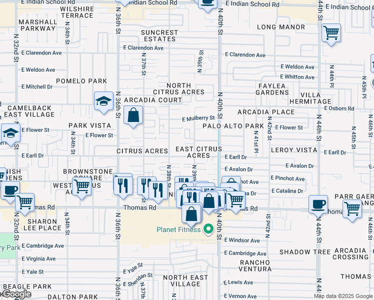 map of restaurants, bars, coffee shops, grocery stores, and more near 3836 East Earll Drive in Phoenix