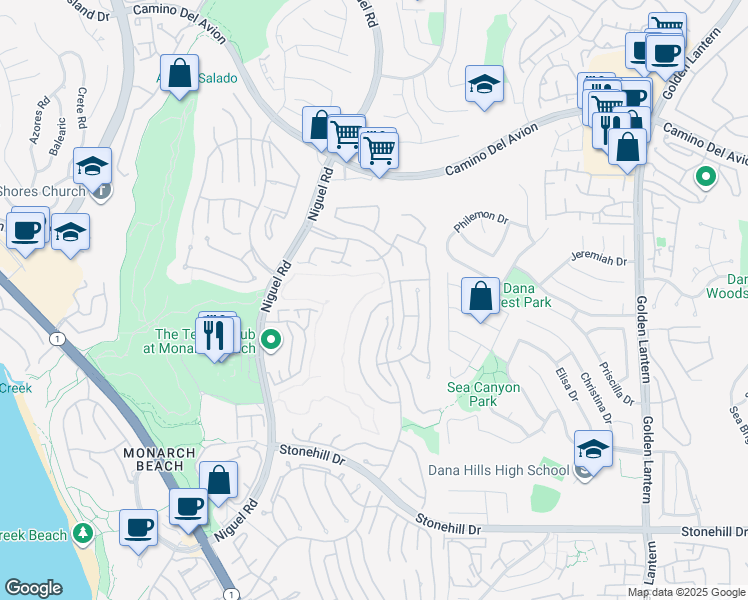 map of restaurants, bars, coffee shops, grocery stores, and more near 5 Marbella in Dana Point