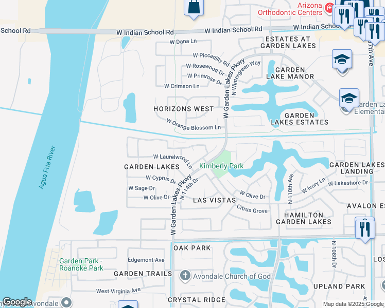 map of restaurants, bars, coffee shops, grocery stores, and more near 3314 North Lakeshore Court in Avondale