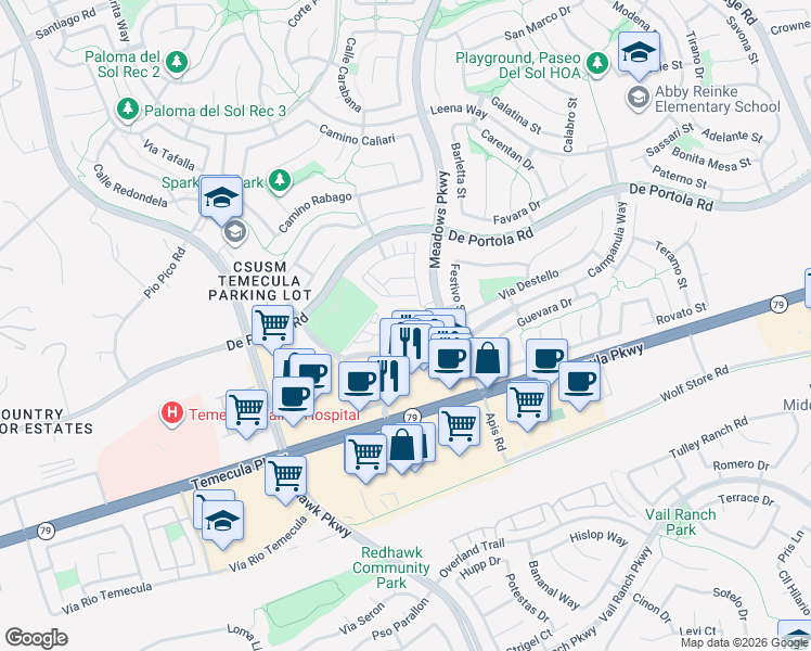 map of restaurants, bars, coffee shops, grocery stores, and more near 31901 Campanula Way in Temecula