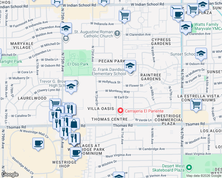 map of restaurants, bars, coffee shops, grocery stores, and more near 7132 West Monterey Way in Phoenix